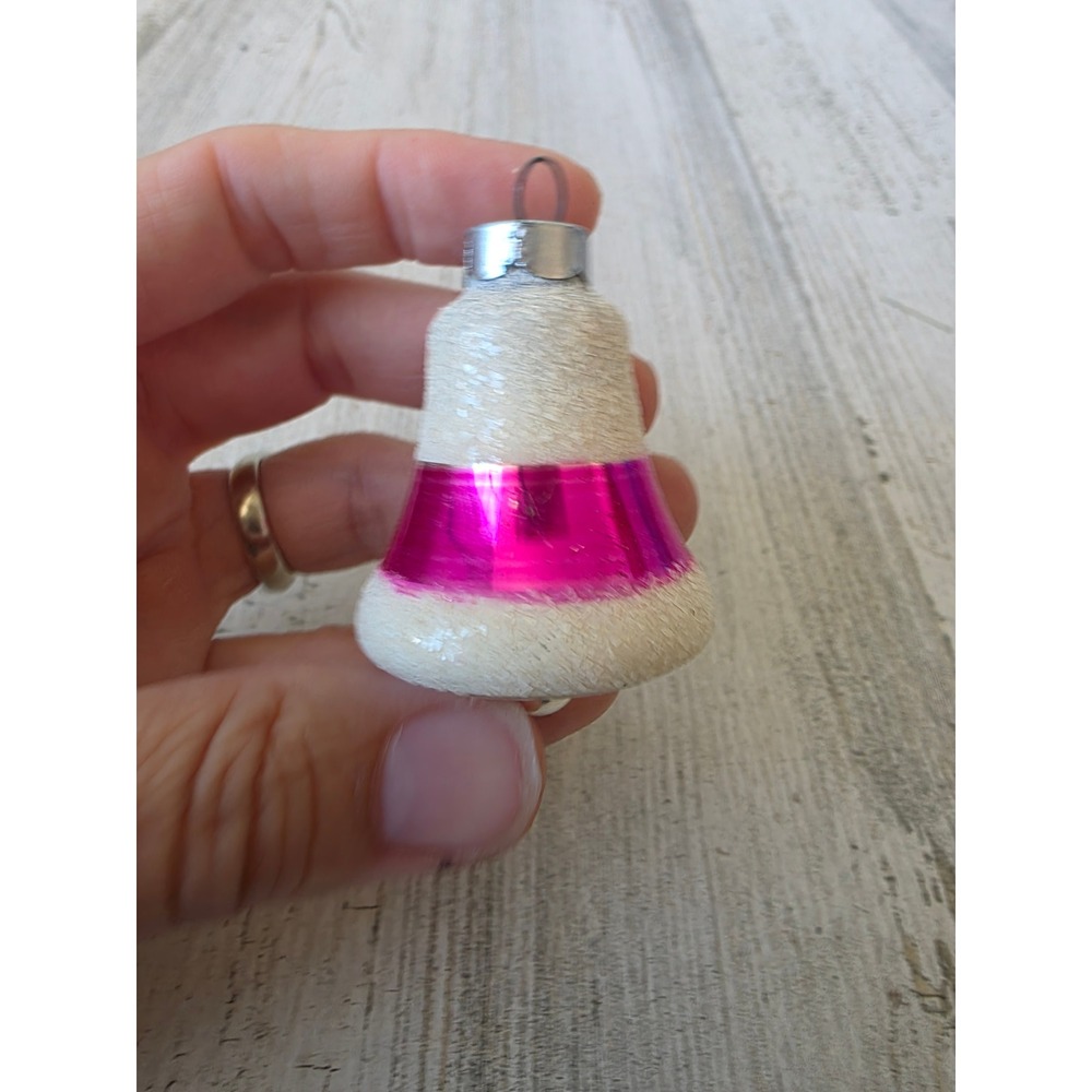 Vintage shiny Brite Micah pink mini bell ornament Xmas tree